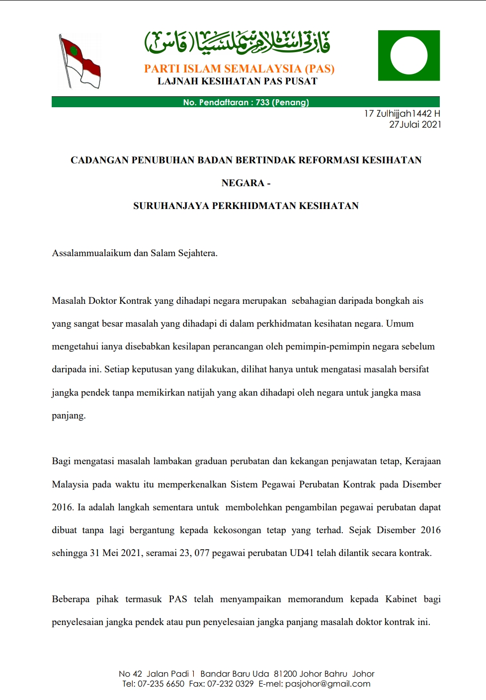 PAS cadang tubuh Badan Bertindak Reformasi Kesihatan Negara 