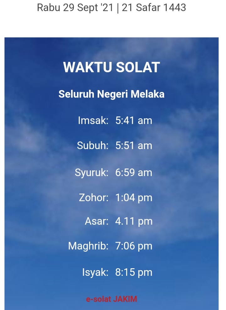 Waktu Solat Dhuha Melaka 2021