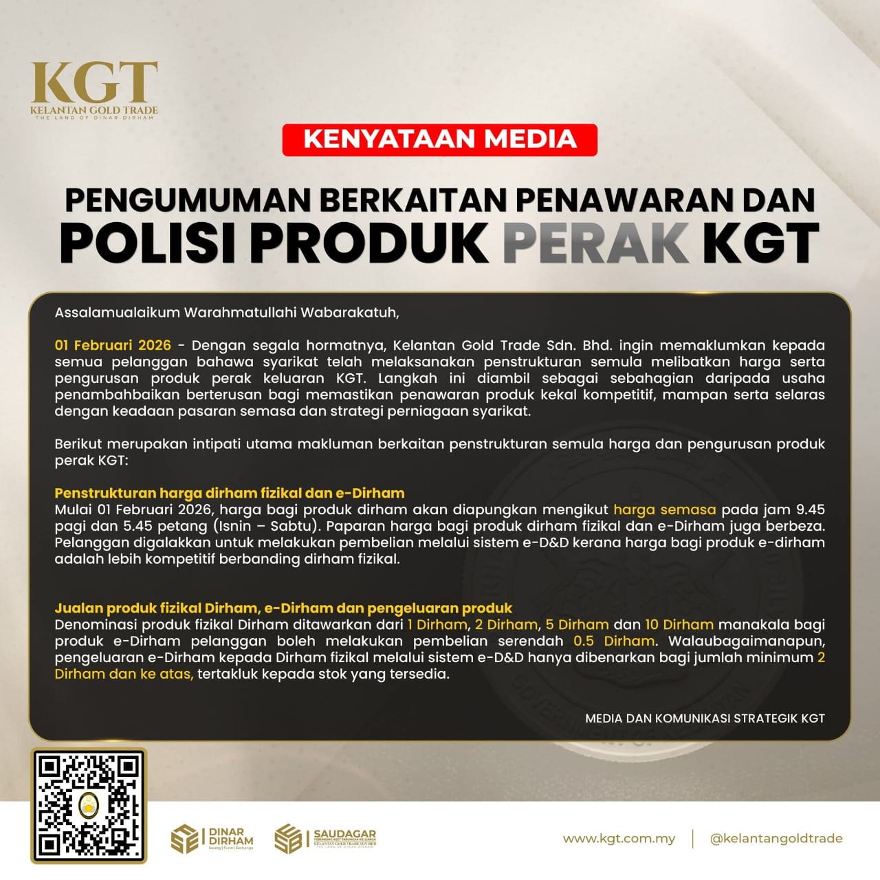 KGT umum penstrukturan harga produk perak, perkenal jongkong perak baharu