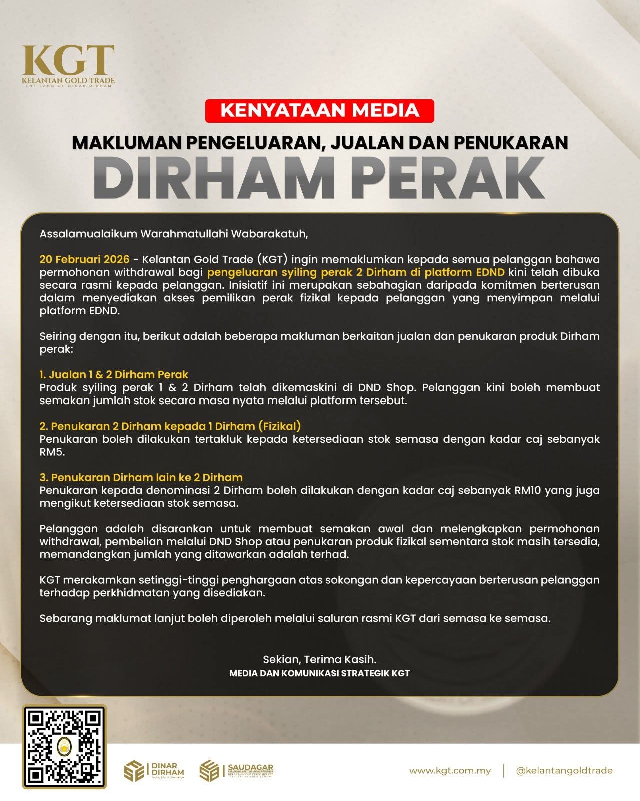 KGT buka permohonan pengeluaran 2 Dirham melalui platform EDND