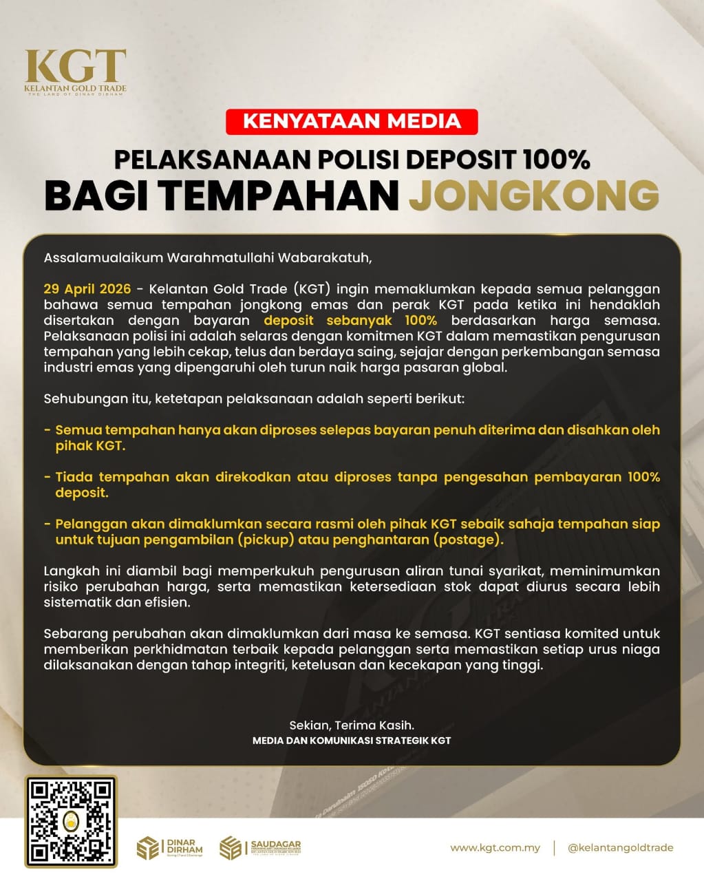 KGT perkenal polisi baharu pembelian produk bermula 1 Mei