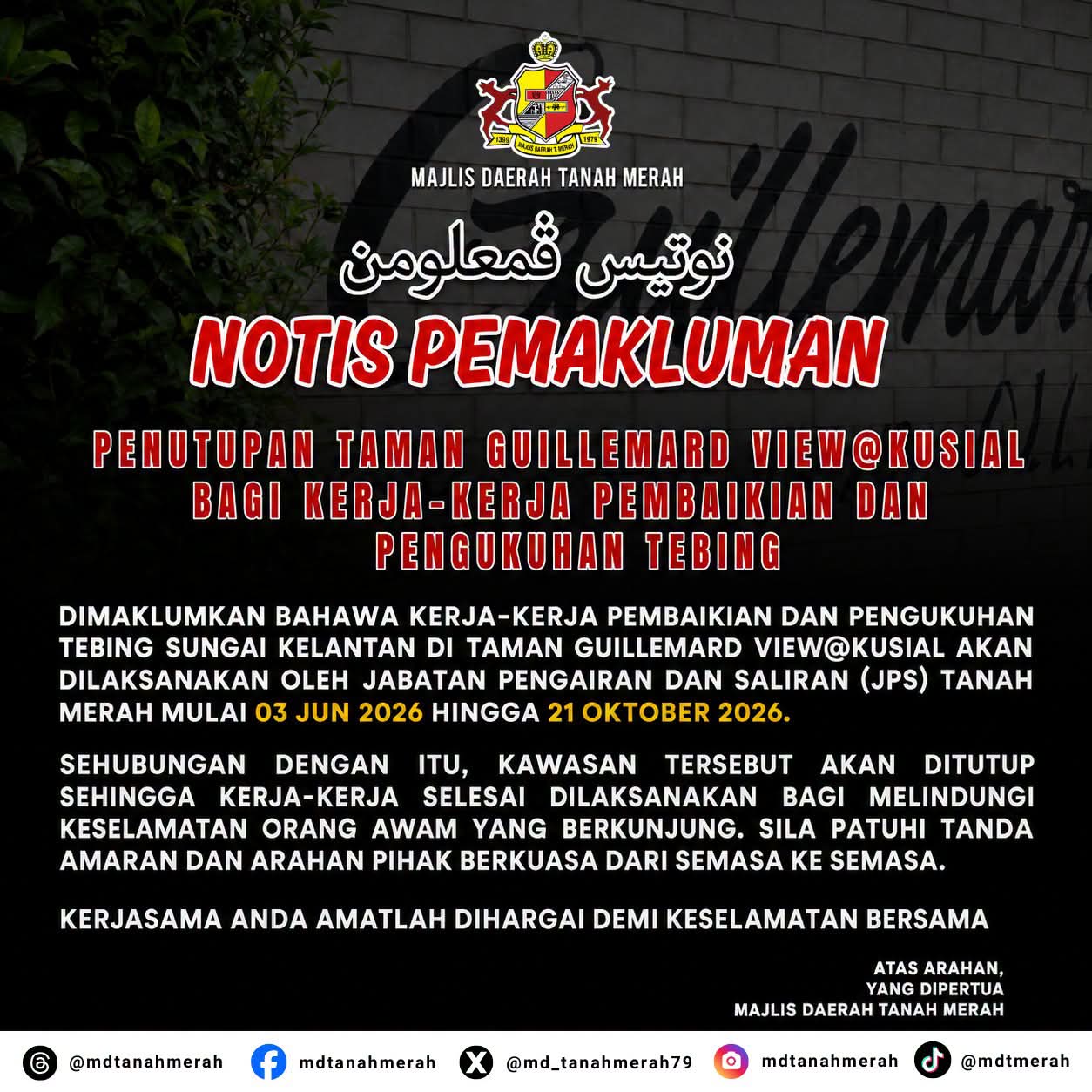 Taman Guillemard View@Kusial ditutup hingga Oktober, JPS laksanakan kerja pembaikan tebing Sungai Kelantan