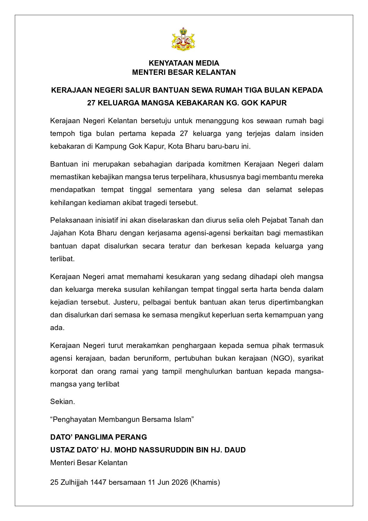 Kerajaan negeri tanggung sewa rumah 27 keluarga mangsa kebakaran Gok Kapur