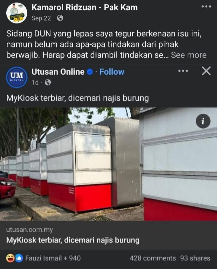 MyKiosk terbiar dicemari najis burung, Senawang (Foto: Utusan Online, dikongsi Kamarol Ridzuan)
