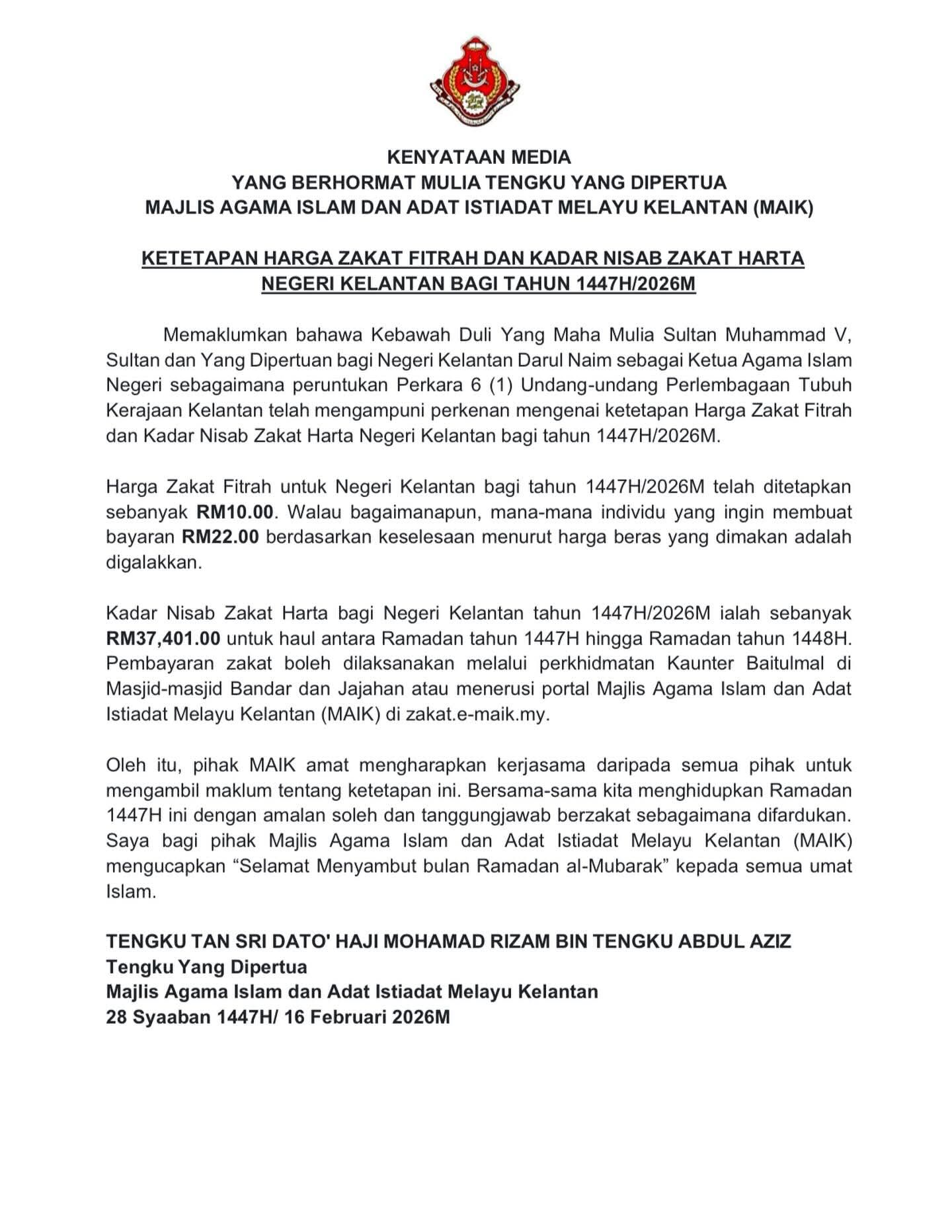 Zakat fitrah Kelantan tahun 1447H ditetapkan RM10